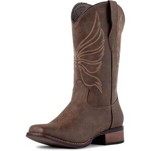 Women's Brown Calf-High Fashion Square Toe Faux Leather Western Cowgirl Boots